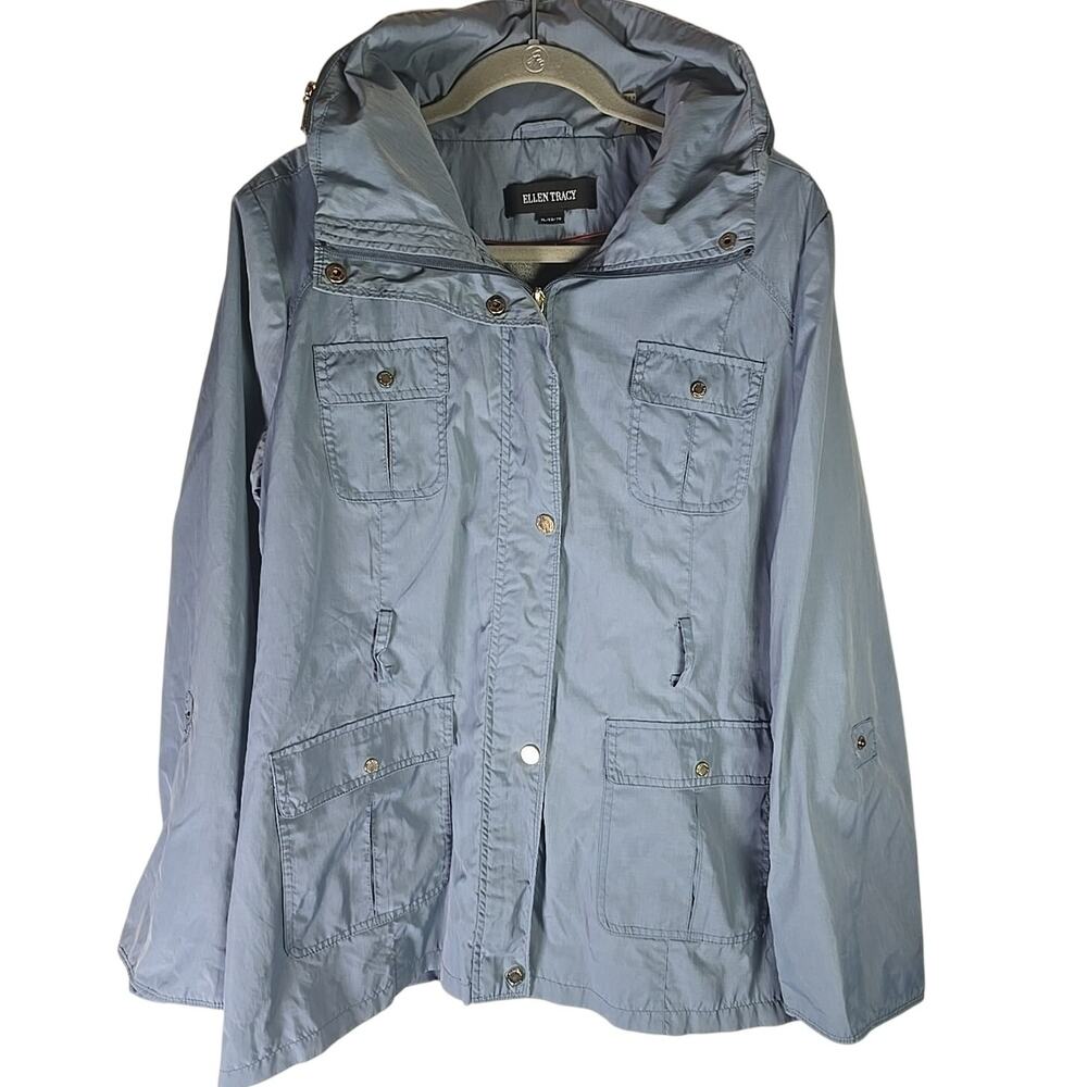 Ellen Tracy Blue Rain Jacket Trench Coat Hood Womens XL Golf Travel Hiking